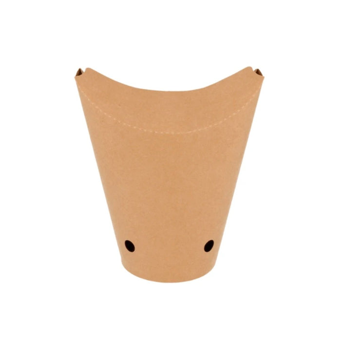 Boîte à frites refermable en carton kraft 360 ml, avec ventilation optimisée pour préserver la croustillance des frites.