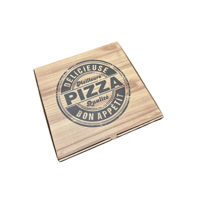 Boîte à pizza en carton micro-cannelure kraft 26 x 26 x 3.5 cm, emballage idéal pour la restauration rapide.
