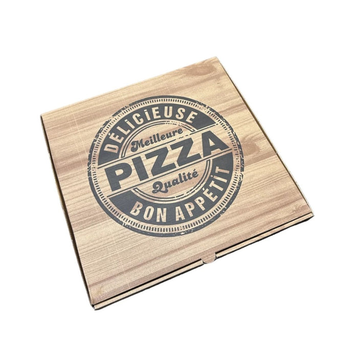 Boîte à pizza en carton kraft 33 x 33 x 3.5 cm, idéale pour la vente à emporter et la livraison.