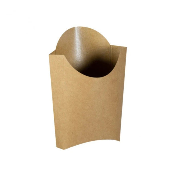 Pochette à frites grand format en kraft brun, revêtement ingraissable, idéale pour grandes portions et street food.