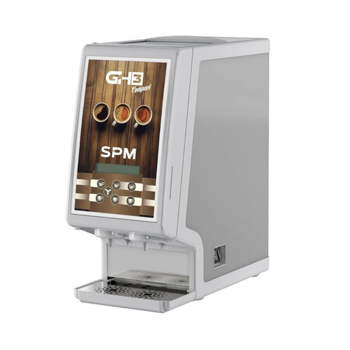 GH 3 blanc – distributeur de boissons solubles, vue latérale claire avec panneau rétroéclairé et structure épurée