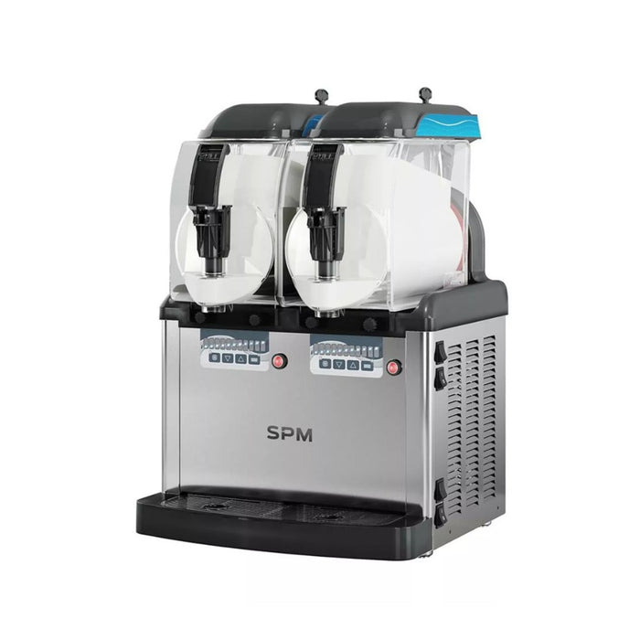 Machine GT PUSH 2 noire en service avec deux parfums de glace italienne – idéale pour les bars et snacks.