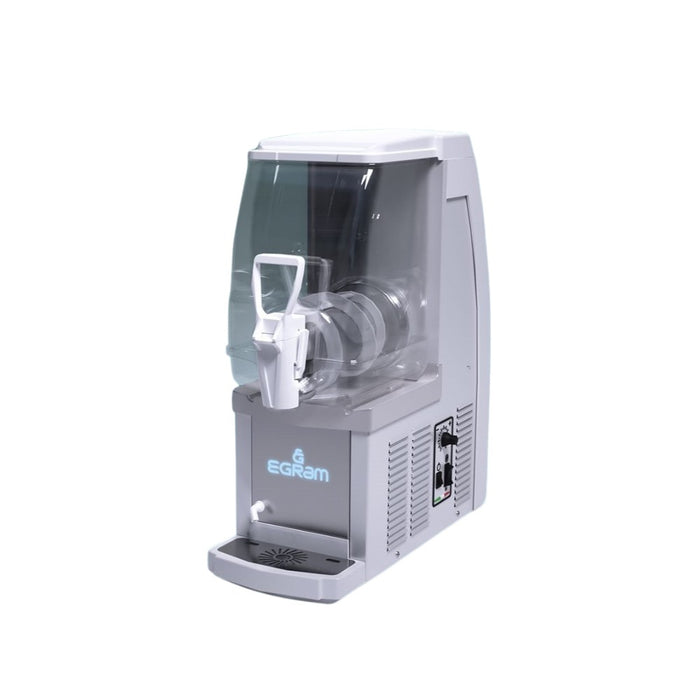 Vue de face de la machine à granita Horizon 1 – design compact blanc avec cuve transparente pour granita.