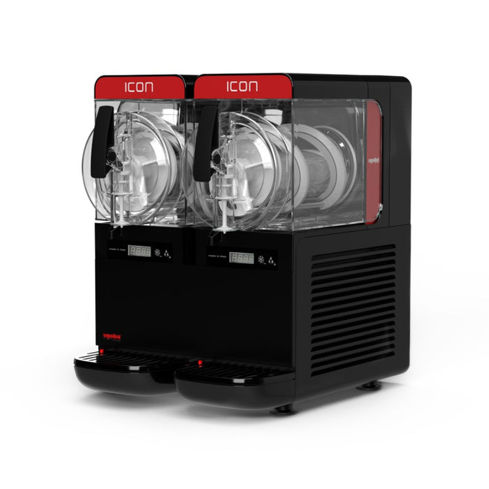 ICON 3/2 – machine à granita version noire double cuve compacte, vue de côté avec cuves transparentes