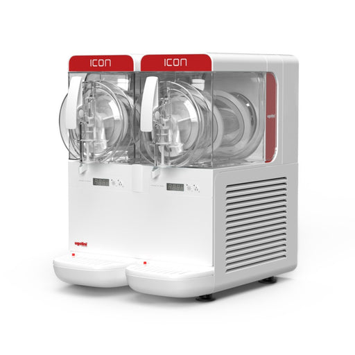 ICON 3/2 – machine à granita double cuve compacte, vue de côté avec cuves transparentes