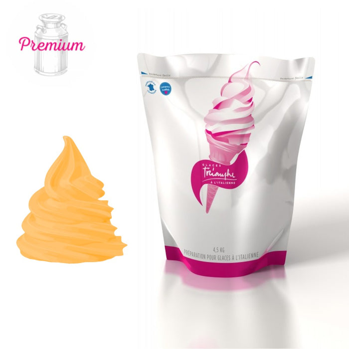 Préparation liquide pour glace italienne saveur mangue premium, sans allergène, en poches souples de 4,5 kg.