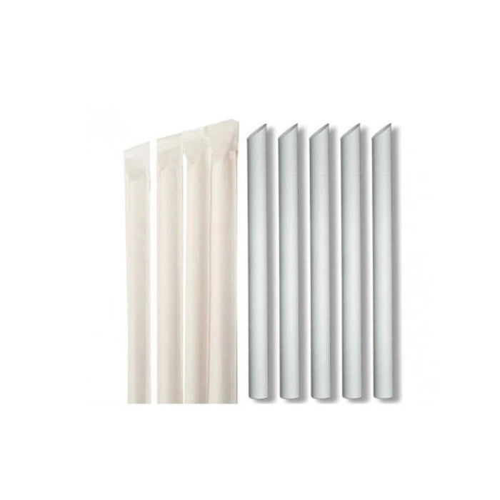 Pailles blanches Ø 1.2 cm x 20 cm, biseautées et emballées individuellement, idéales pour Bubble Tea et milkshakes.
