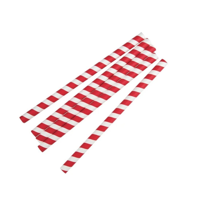 Pailles en papier rouge et blanche Ø 0.8 cm x 20 cm, biodégradables et adaptées aux boissons épaisses.
