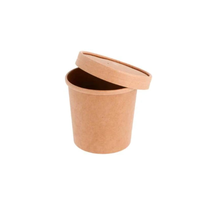 Pot à soupe en carton kraft brun de 360 ml, idéal pour soupes et boissons chaudes ou froides.
