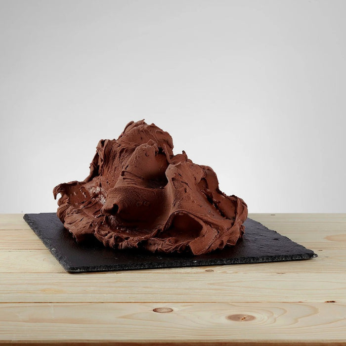 Glace à l’italienne saveur chocolat noir posée, texture crémeuse avec éclats de cacao visibles.