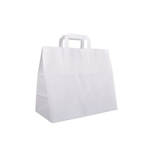 Sac papier blanc à poignées plates, format 32 x 22 x 25 cm, parfait pour la vente à emporter et les commerces.
