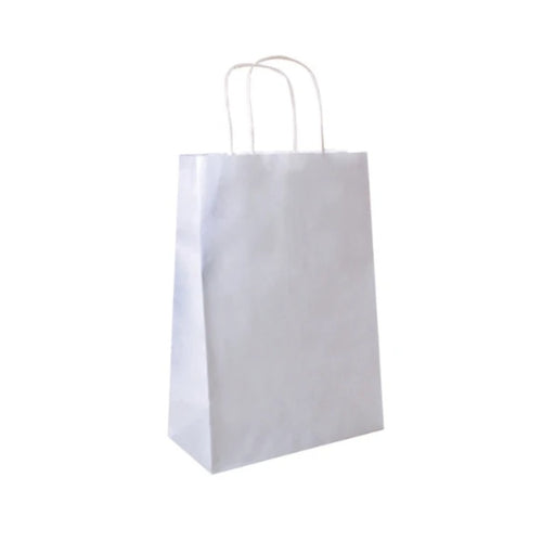 Sac papier blanc à poignées torsadées, format 26 x 14 x 32 cm, parfait pour la vente à emporter et les commerces.