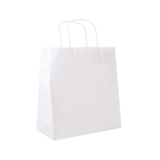 Sac papier blanc à poignées torsadées, format 26 x 17 x 24 cm, parfait pour la vente à emporter et les commerces.