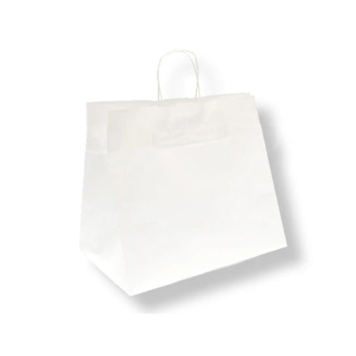 Sac papier blanc à poignées torsadées, format 32 x 21 x 28.5 cm, parfait pour la vente à emporter et les commerces.