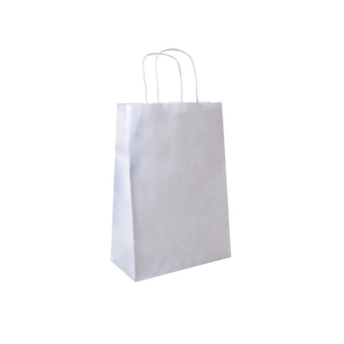 Sac papier blanc à poignées torsadées, format 20 x 10 x 29 cm, parfait pour la vente à emporter et les commerces.