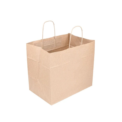Sac papier brun à poignées torsadées, format 32 x 21 x 28.5 cm, conçu pour la vente à emporter et les commerces.