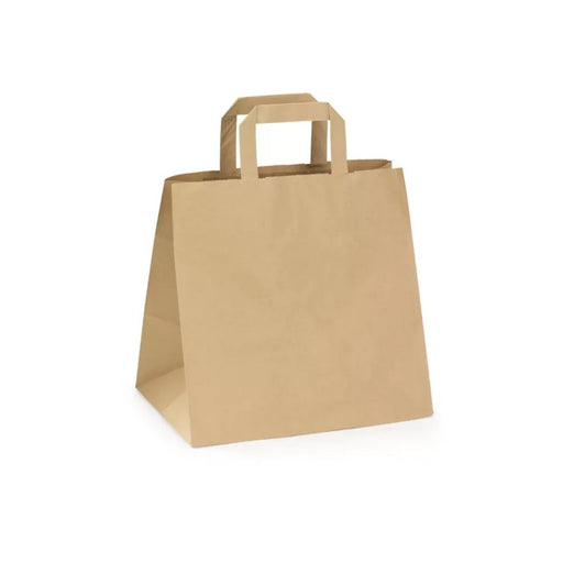 Sac papier brun à poignées plates, format 26 x 17 x 29 cm, idéal pour la vente à emporter et les commerces.