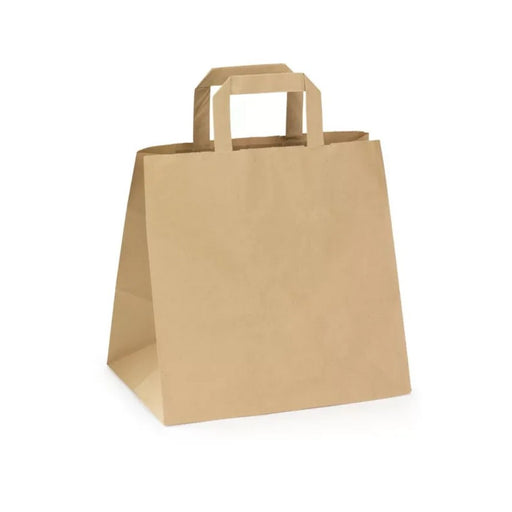 Sac papier brun à poignées plates, format 32 x 22 x 25 cm, idéal pour la vente à emporter et les commerces.
