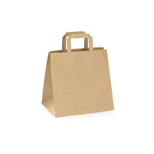 Sac papier brun à poignées plates, format 22 x 10 x 28 cm, parfait pour la vente à emporter et les petites commandes.