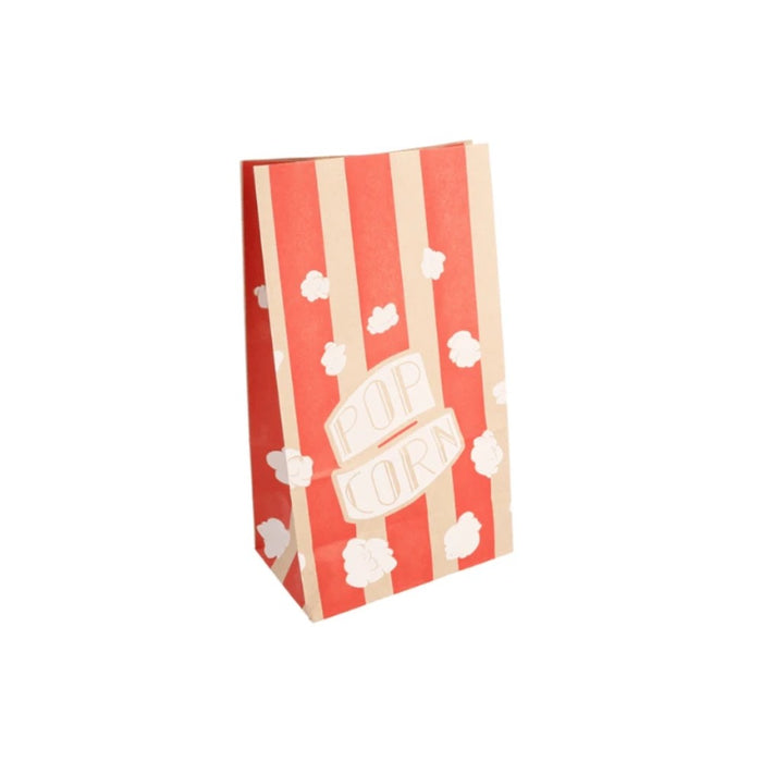 Sacs à popcorn ingraissables en papier kraft et rouge, format 14 x 8 x 24 cm, idéal pour la vente à emporter.
