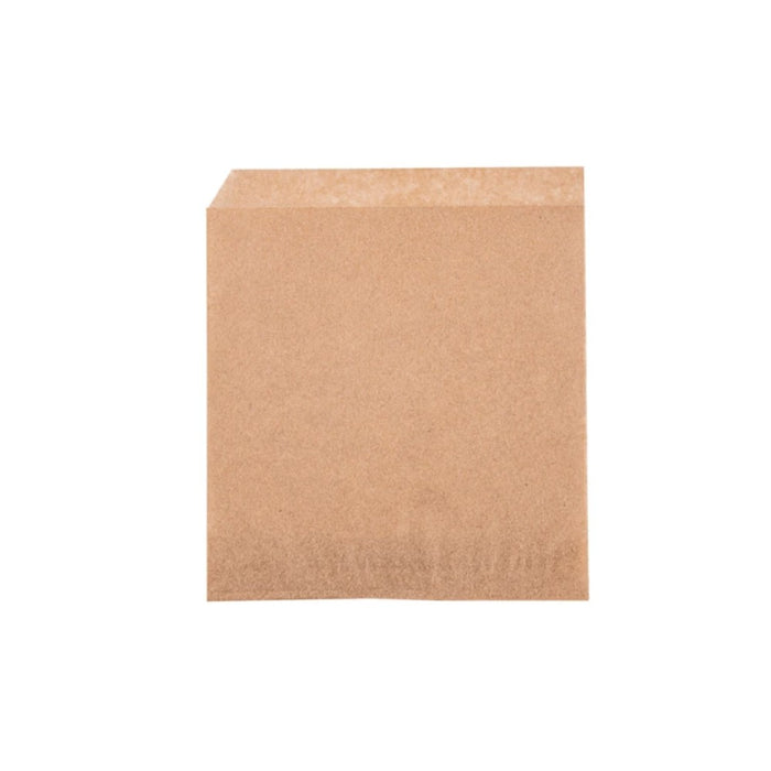 Sachet crêpe ouverture 2 côtés, en papier kraft brun ingraissable, format 16 x 16 cm, idéal pour la vente à emporter.