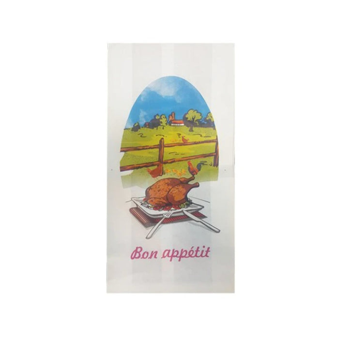 Sachet poulet ingraissable, format 18 x 6 x 34.5 cm, idéal pour la conservation et le transport des poulets rôtis.