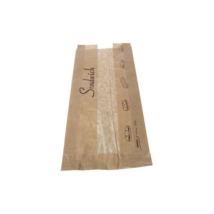 Sachet sandwich en papier kraft brun avec fenêtre transparente, format 12 x 4 x 31 cm, idéal pour la vente à emporter.