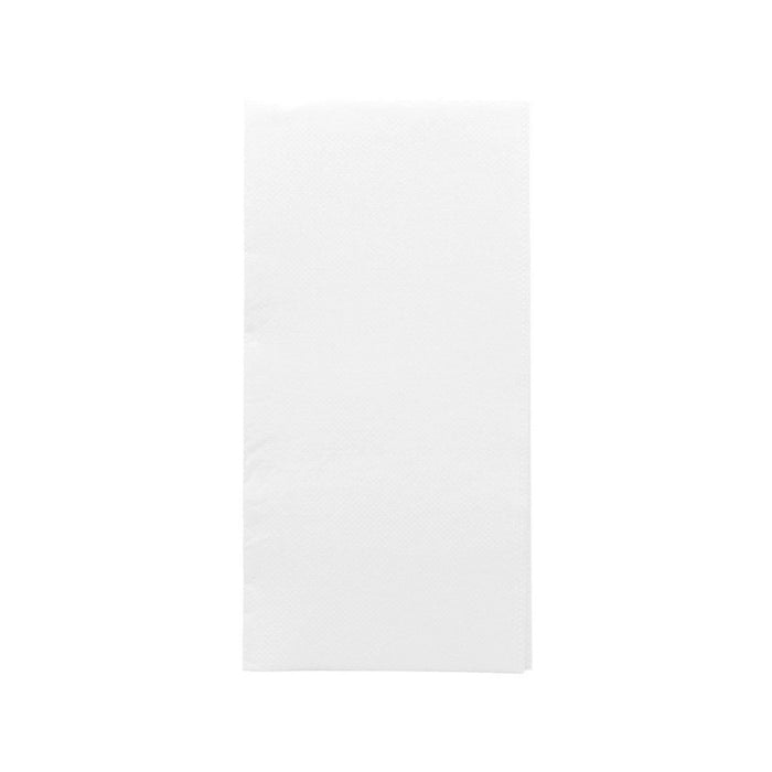 Serviette en papier blanche 40 x 40 cm pliée en 1/8, disposée élégamment avec des couverts sur une table de restaurant.