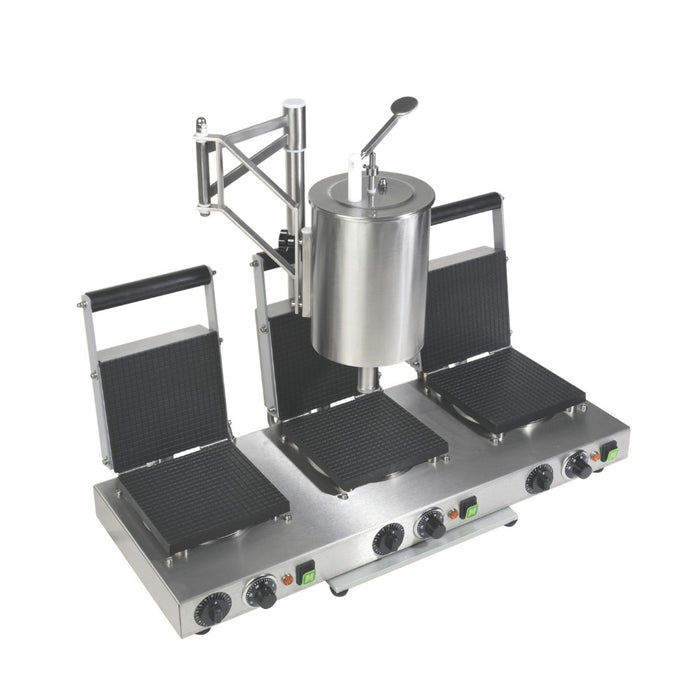 Triple Gaufrier professionnel S.A.R Varese pour Cornets à Glace Gaufrés - Minuteurs et Option Doseur de 6,5 L