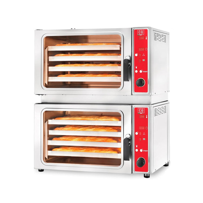 Four électrique à convection CB-Italy avec fiche électronique et humidificateur. Peut contenir jusqu'à 8 plats 600x400 mm. Avec chambre double.
