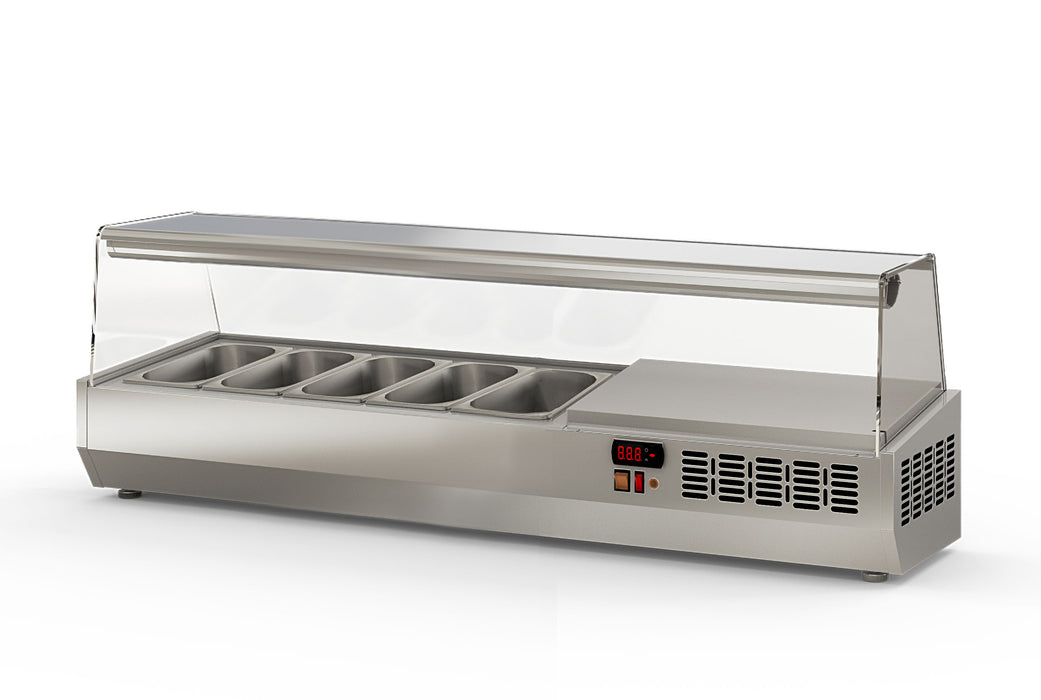 Saladette à poser EI135-1/4 - 5 bacs gn 1/4 avec pare-haleine - 1345x336x436 mm