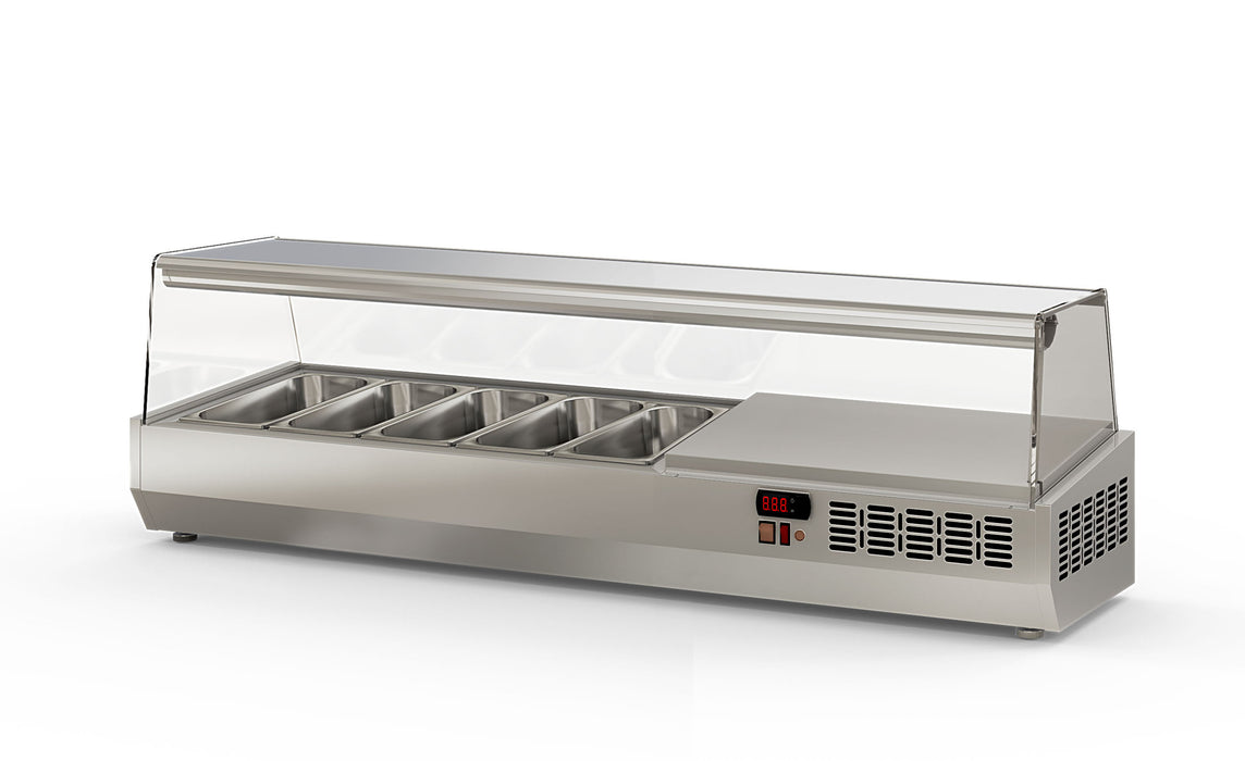 Saladette à poser EI150-1/3 - 5 bacs gn 1/3 avec vitre pare-haleine - 1495x396x436 mm