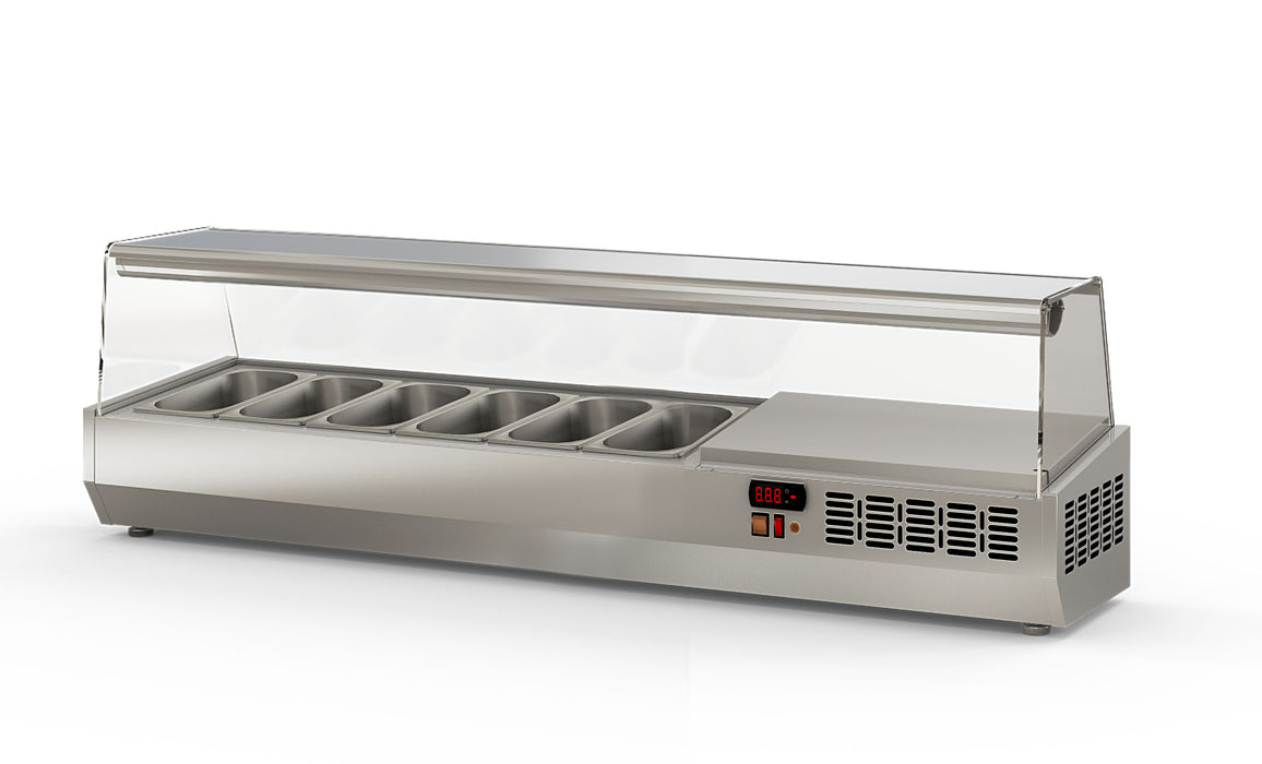 Saladette à poser EI150-1/4 - 6 bacs gn 1/4 avec pare-haleine - 1495x336x436 mm