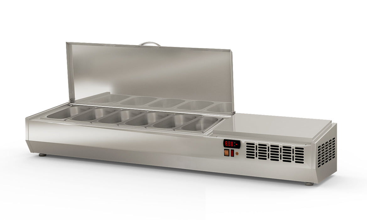Saladette à poser EI150-T-1/4 - 6 bacs gn 1/4 avec couvercle inox - 1495x336x545 mm