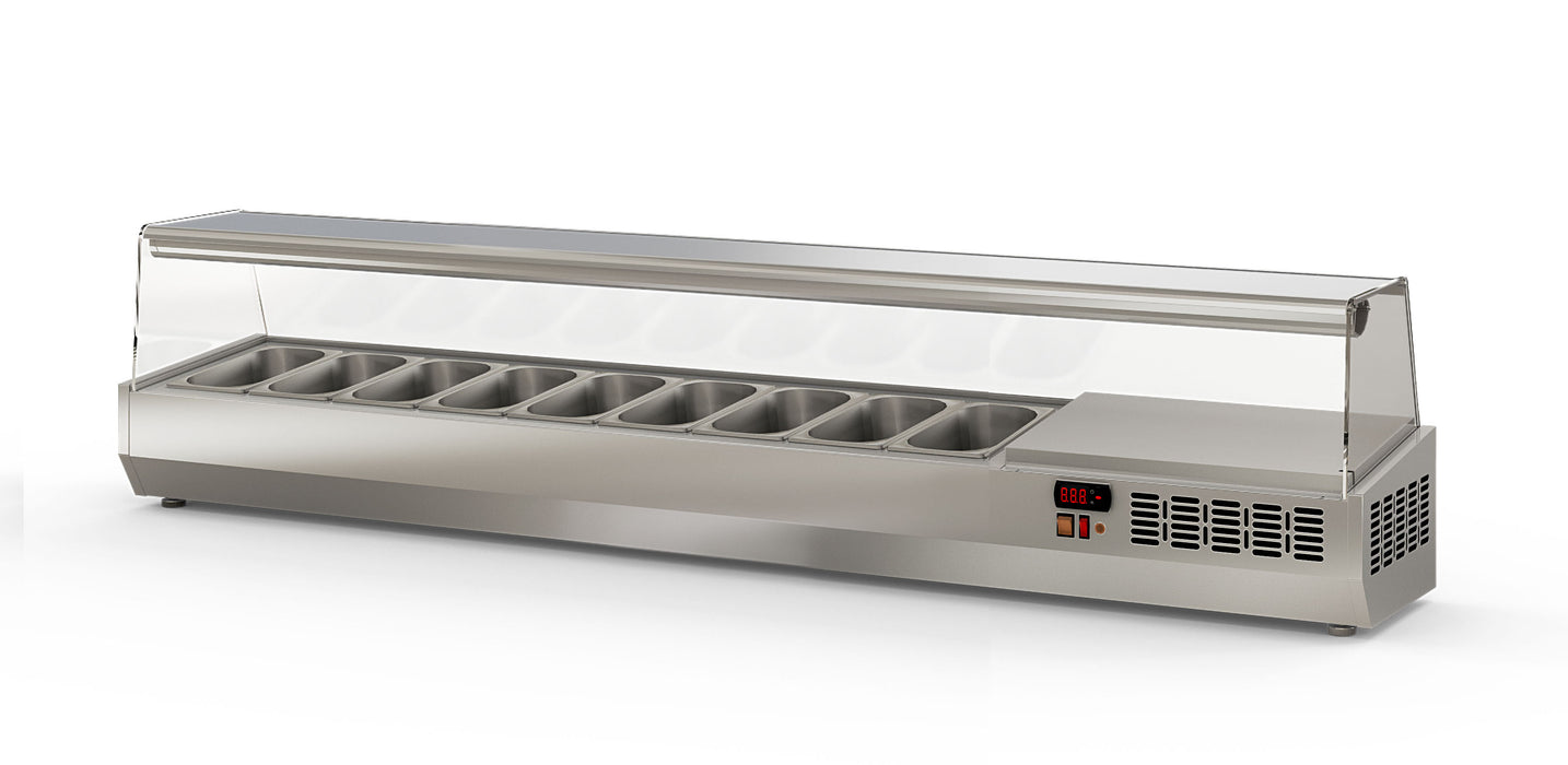 Saladette à poser EI200-1/4 - 9 bacs gn 1/4 avec vitre pare-haleine - 2020x336x436 mm