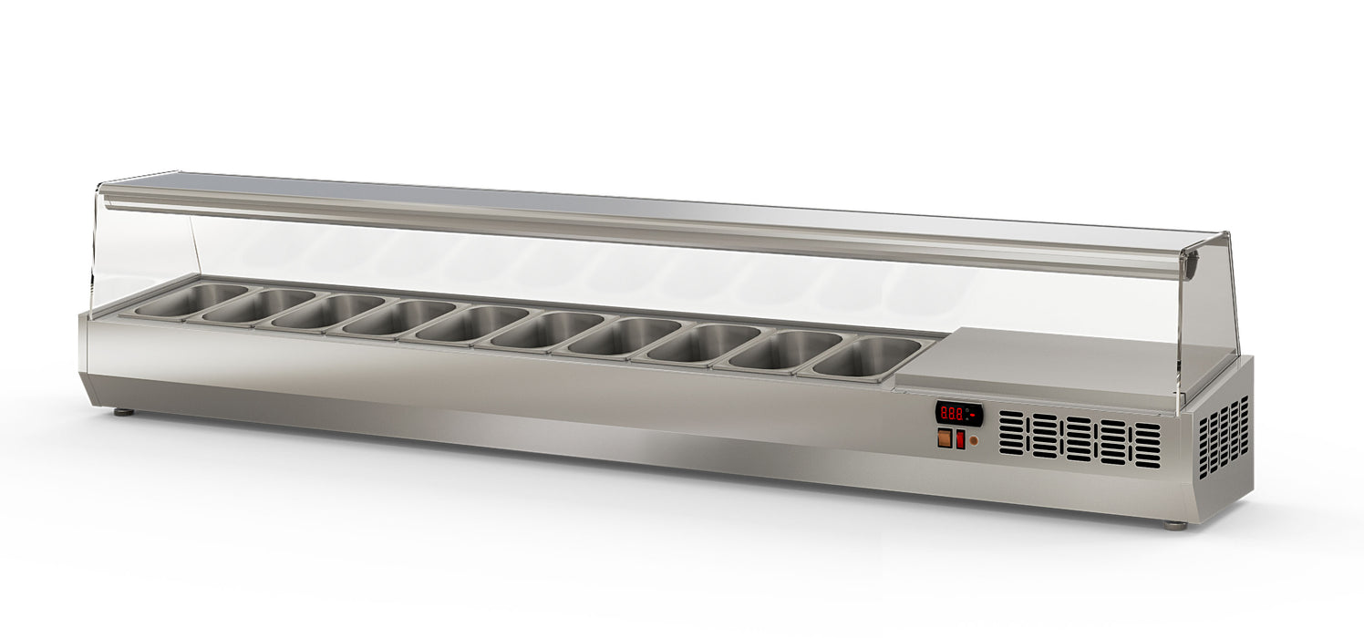 Saladette à poser EI225-1/4 - 10 bacs gn 1/4 avec pare-haleine - 2245x336x436 mm