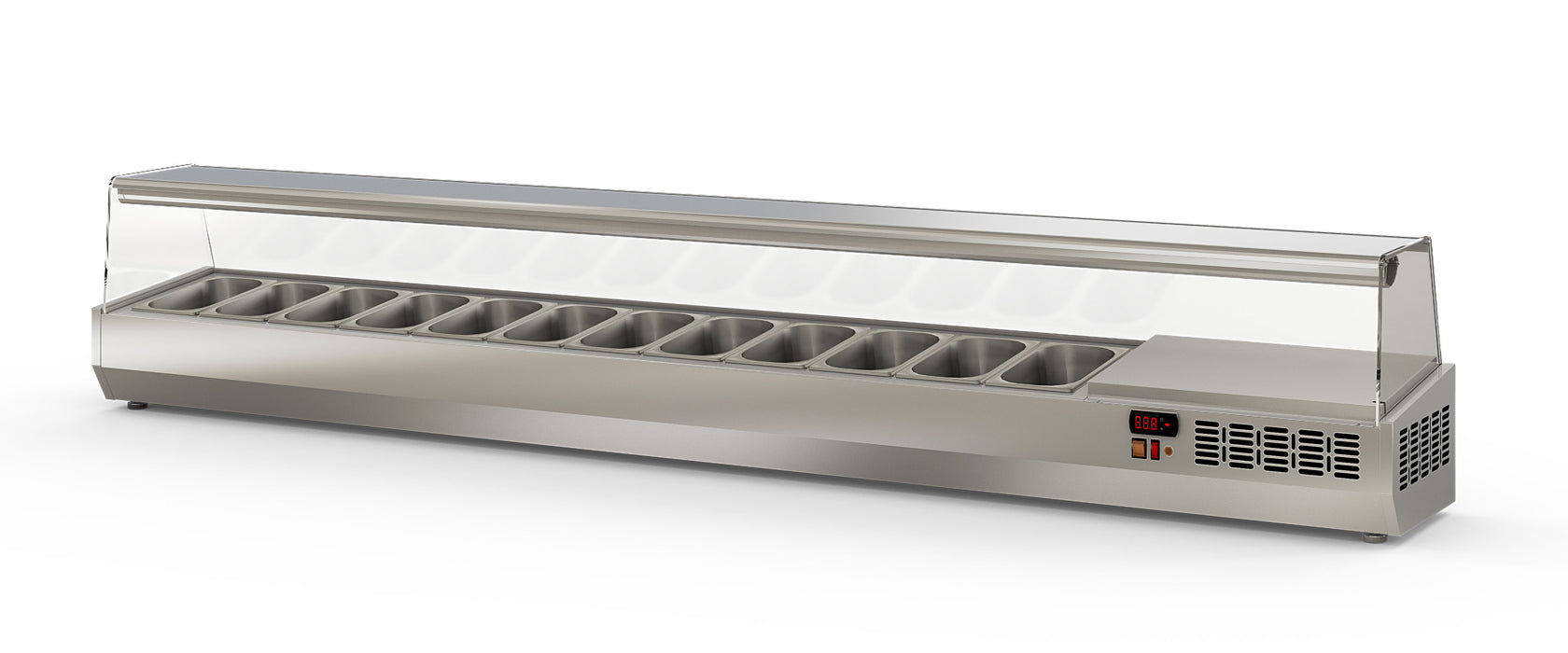 Saladette à poser EI250-1/4 - 12 bacs gn 1/4 avec pare-haleine - 2545x336x436 mm