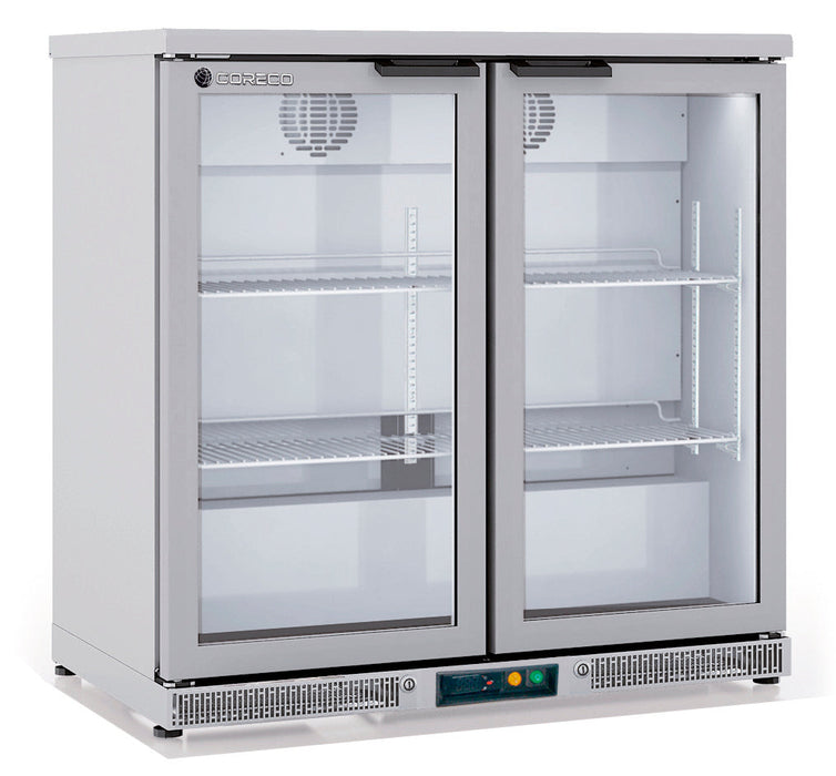 Arrière-bar positif CORECO ERH-250-LI inox à 2 portes vitrées battantes – 200 L