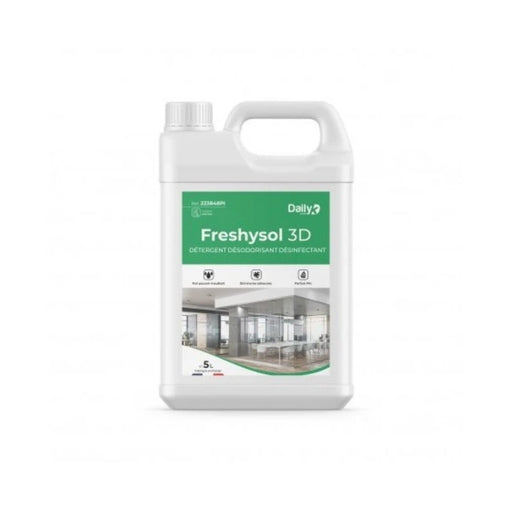 Détergent Freshysol 3D, solution multi-usages pour le nettoyage des sols et surfaces. Assure propreté, fraîcheur et désinfection. Colis de 4 bidons de 5 L.