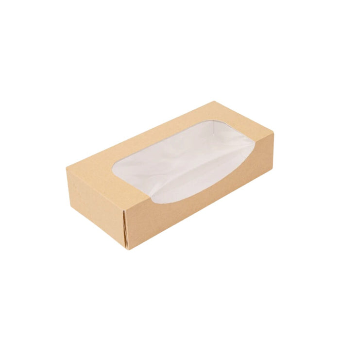 Boîte sushi en carton kraft avec fenêtre PET anti-buée, format 19.7 x 9 x 4.5 cm, conçue pour préserver la fraîcheur et mettre en valeur vos préparations. Colis de 400 unités.