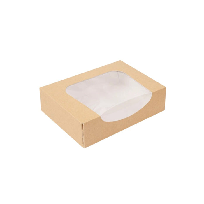 Boîte sushi en carton kraft avec fenêtre PET anti-buée, format 17.5 x 12 x 4.5 cm, conçue pour préserver la fraîcheur et mettre en valeur vos préparations. Colis de 400 unités.