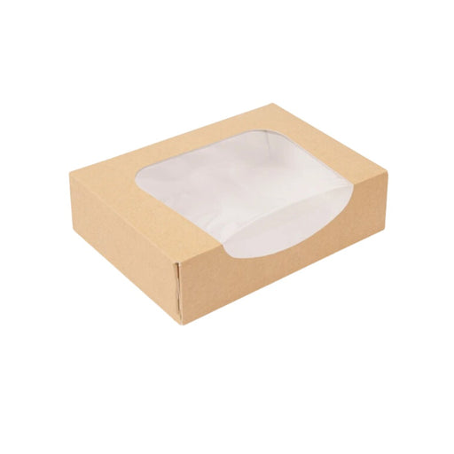 Boîte sushi en carton kraft avec fenêtre PET anti-buée, format 19.7 x 12 x 4.5 cm, conçue pour préserver la fraîcheur et mettre en valeur vos préparations. Colis de 400 unités.