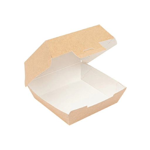 Boîte burger ouverte en carton micro-cannelure, résistante et écologique, format 13 x 12,5 x 6,2 cm.
