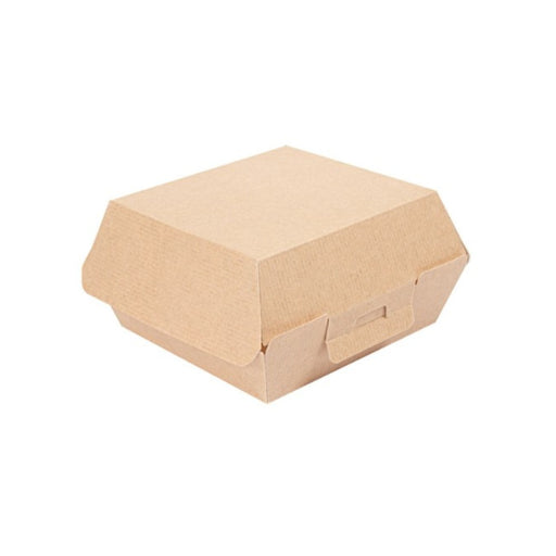 Boîte burger en carton micro-cannelure, résistante et écologique, format 13 x 12,5 x 6,2 cm.
