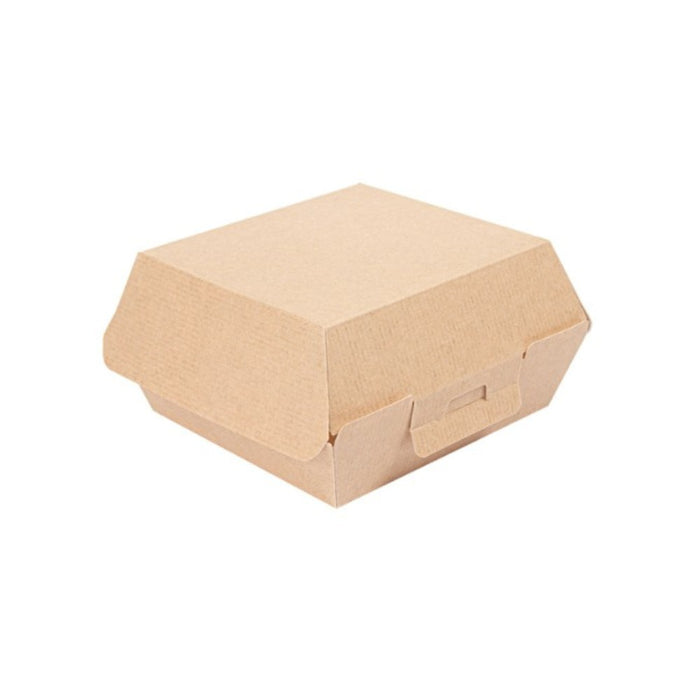 Boîte burger en carton micro-cannelure, résistante et écologique, format 13 x 12,5 x 6,2 cm.