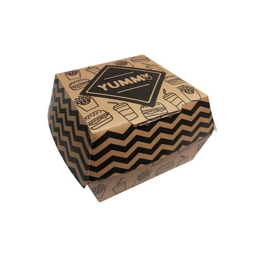 Boîte burger petit format en carton kraft, économique et résistante, format 9,5 x 9,5 x 7 cm.