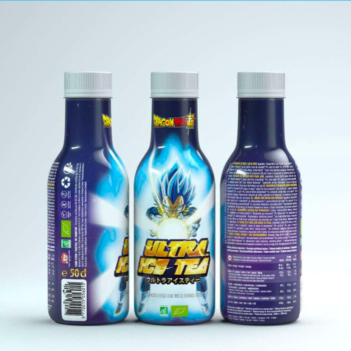 Bouteille de 50 cl d'ultra ice tea modèle Vegeta de la gamme dragon ball super.