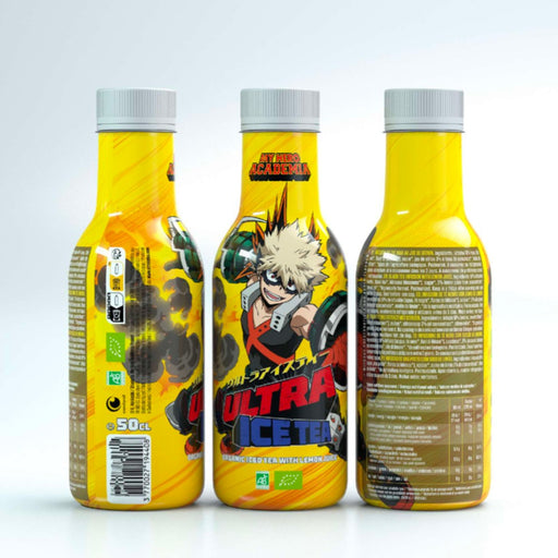 Bouteille de 50 cl d'ultra ice tea modèle Bakugo de la gamme My Hero Academia.