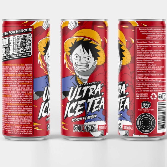 Canette de 33 cl d'ultra ice tea modèle Luffy de la gamme One Piece.