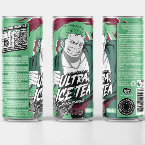 Canette de 33 cl d'ultra ice tea modèle Zoro de la gamme One Piece.